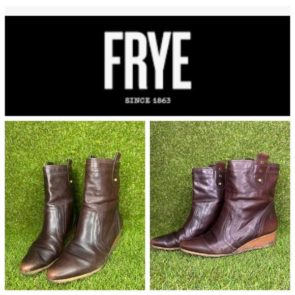 Frye Leather Distressed Wedge Pull On Western Bootie‎ 10 - Picture 1 of 16